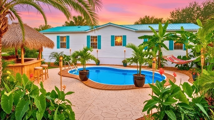 Tropical Backyard Oasis with Tiki Bar, Stone Pavers, and Pool