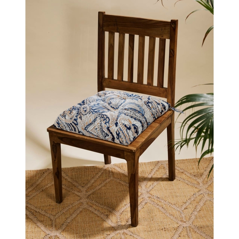 Tufted Chair Pad with Blue and Tan Paisley Pattern