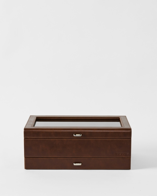 Two-Tier Watch Box Brown Leather Like Glass Top Contrast Stitching