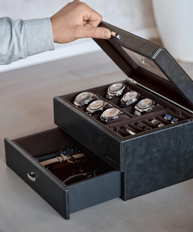 Two-Tier Watch Box with Valet Tray and Glass Lid