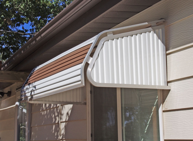 Two-Tone White and Brown Slatted Window Awning