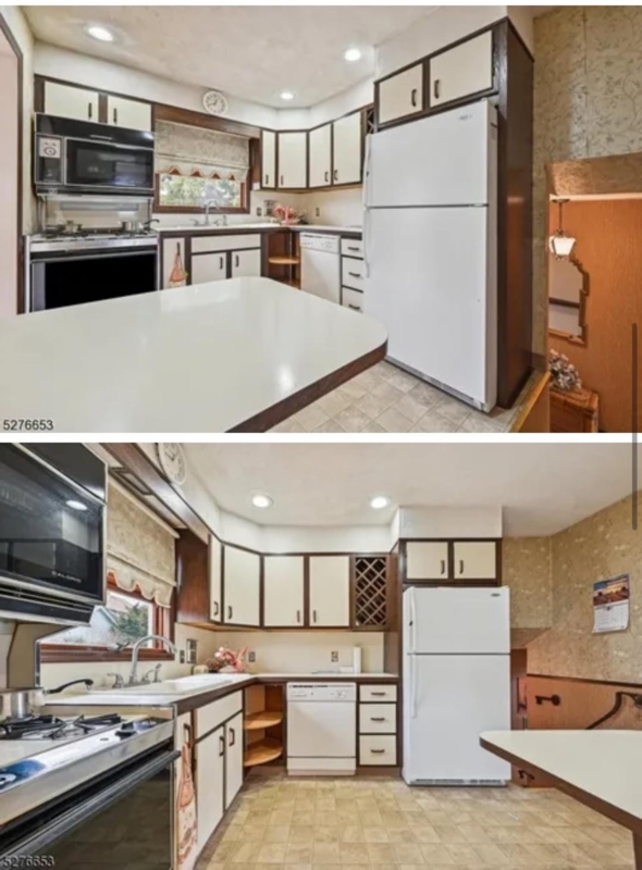 U-Shaped Kitchen with Peninsula, White Cabinets, and Dark Wood Trim