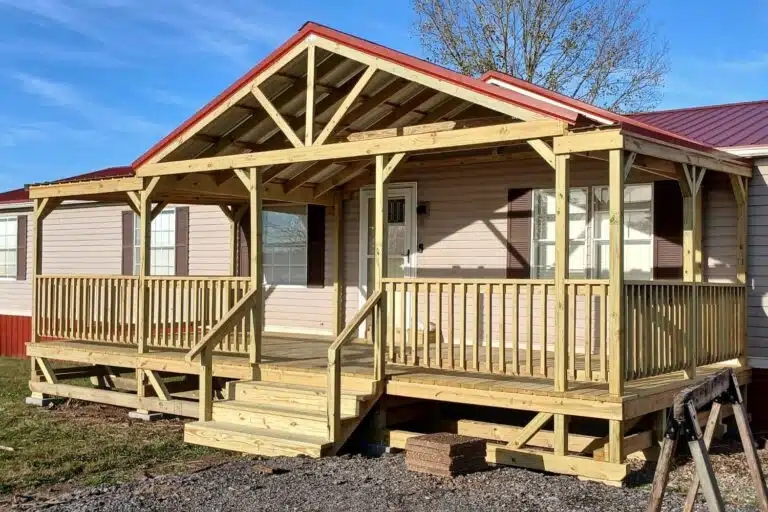 Unfinished Wooden Deck with High Gabled Roof and Exposed Framing