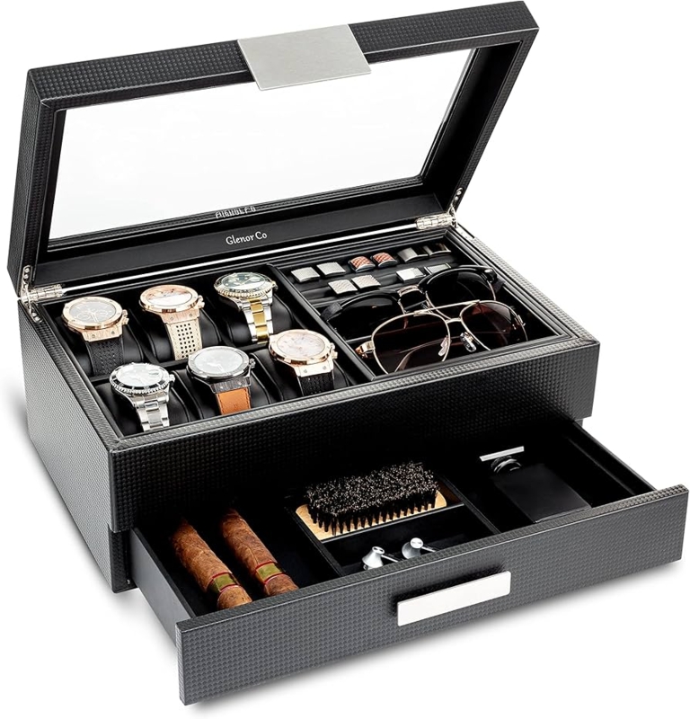 Valet Box Carbon Fiber Pattern Glass Lid Pull-Out Drawer