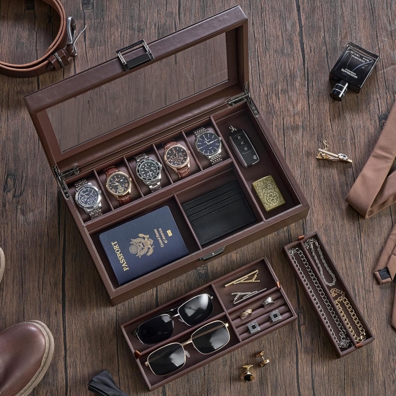 Valet Box Set, Espresso Finish, Glass Lid, Removable Trays