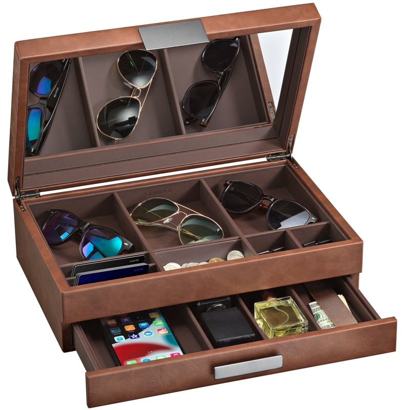 Valet Organizer Brown Leather-Like Mirror Sunglass Storage