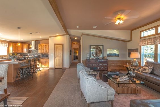 Vaulted Ceiling Design in Open Concept Kitchen and Living Room.