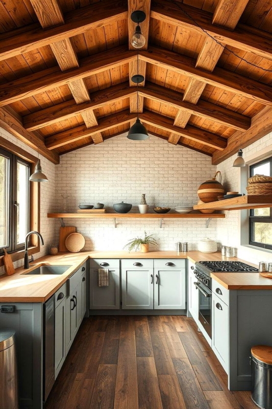 Vaulted Ceiling Kitchen featuring Exposed Timber Beams and Brick Wall