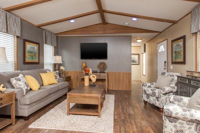 Vaulted Ceiling with Beams in a Transitional Living Room