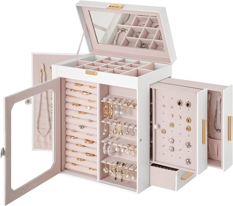 Vertical Jewelry Storage Solution White Glass Door Mirror