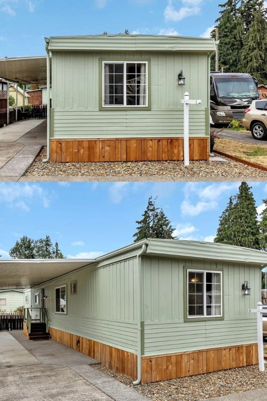 Vertical Wood Plank Skirting Ideas for Sage Green Mobile Homes
