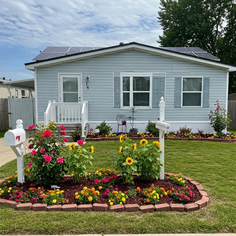 Vibrant Front Yard Garden with Multi-Level Flower Beds and Solar Panels