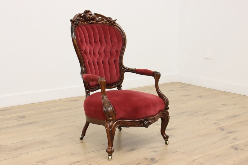 Victorian Accent Chair Antique Hand Carved Fruit Crest Red Velvet