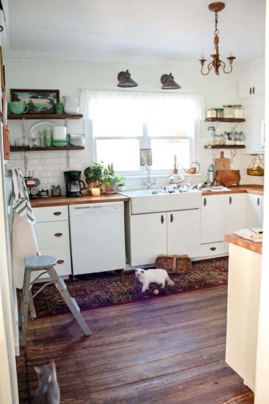 Vintage Bungalow Kitchen: Butcher Block Countertops and Farmhouse Sink