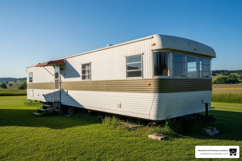 Vintage Mobile Home with Panoramic Front Glazing and Two-Tone Exterior