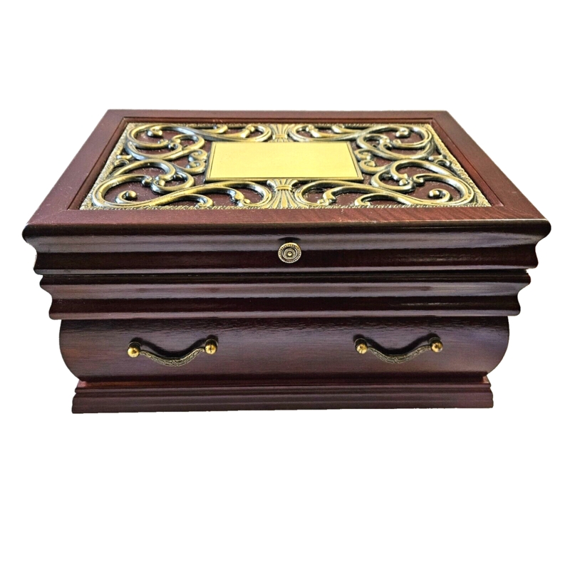 Vintage Ornate Wood Jewelry Box Dark Brown with Tiered Design and Drawer