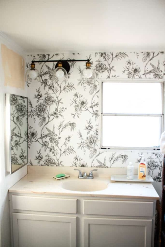 Vintage Style Bathroom Vanity with Black Floral Wallpaper