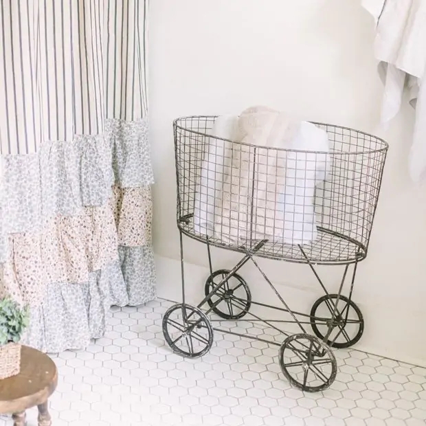 Vintage Style Laundry Cart, Antique Wire Finish, Spoked Wheels, Oval