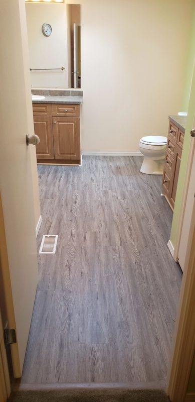 Vinyl Flooring: Grey Wood Look Planks in Mobile Home Bathroom Renovation