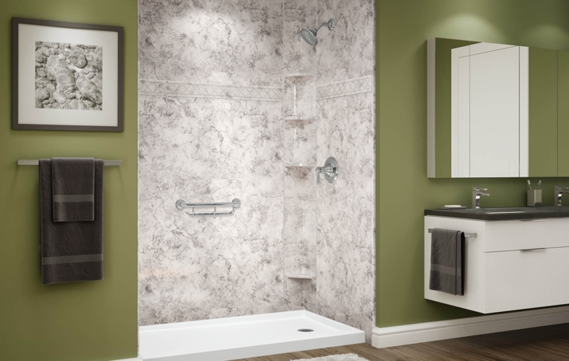 Walk In Shower with Marbled Panels and Chrome Grab Bar Fixture.