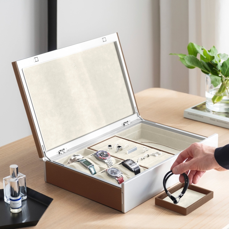 Watch and Jewelry Box Tan Leather-Like, Eggshell Lining Luxury Storage