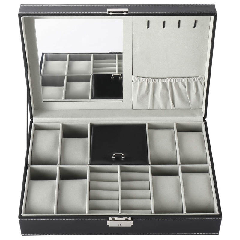 Watch and Jewelry Storage Box Leather-like with Contrast Stitching Mirror