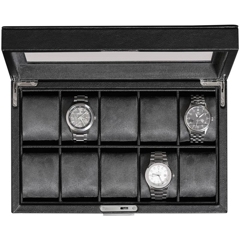 Watch Box 10-Slot Black Leather-Like with Grey Suede Interior