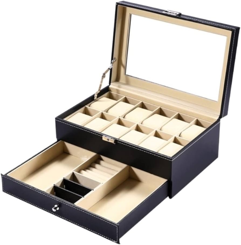 Watch Box 12 Capacity Glass Lid Jewelry Drawer Black Display