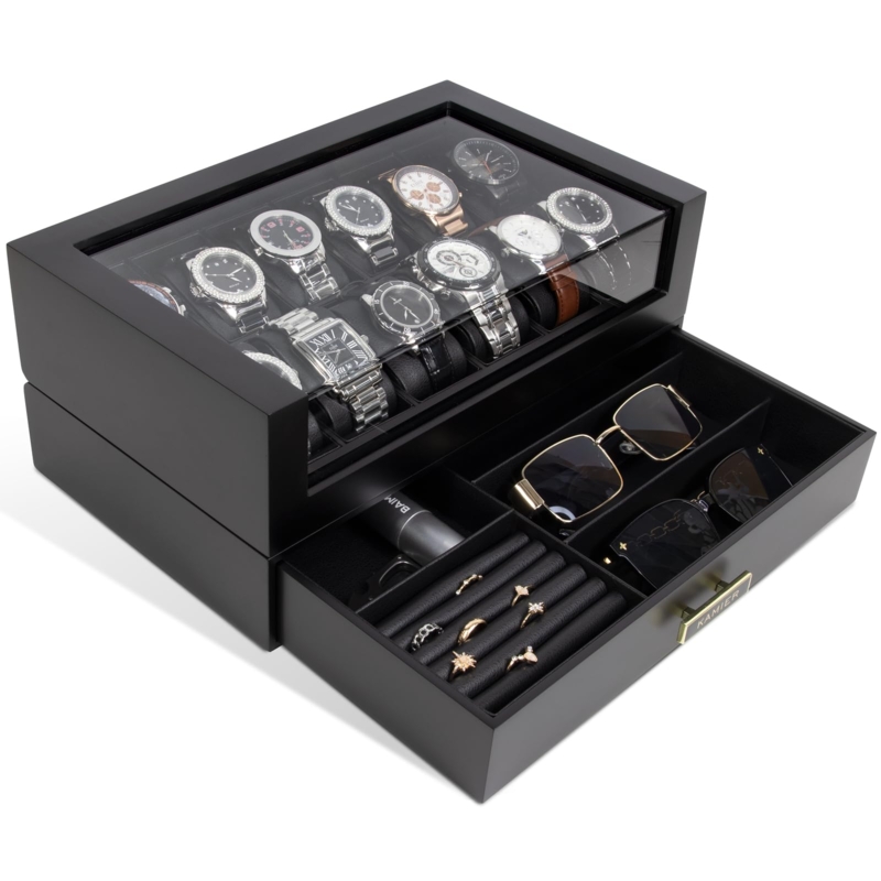 Watch Box 12-Slot Two-Tier Display with Brushed Gold Handle
