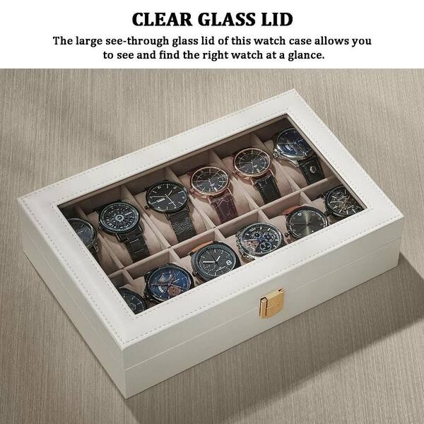 Watch Box 12-Slot White Faux Leather Large Glass Lid