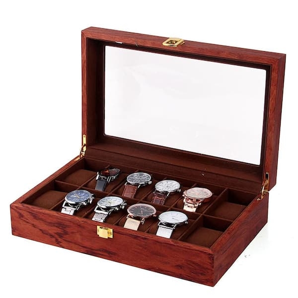 Watch Box, 12 Slots, Glass Top, Reddish-Brown Wood Case