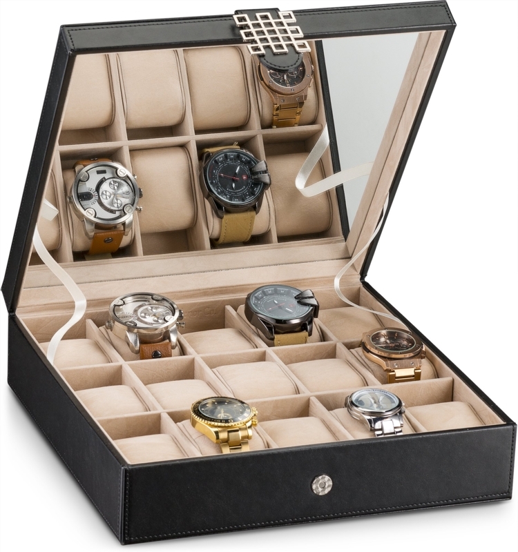 Watch Box 15 Slot Capacity Lattice Buckle Glass Lid Leather Like