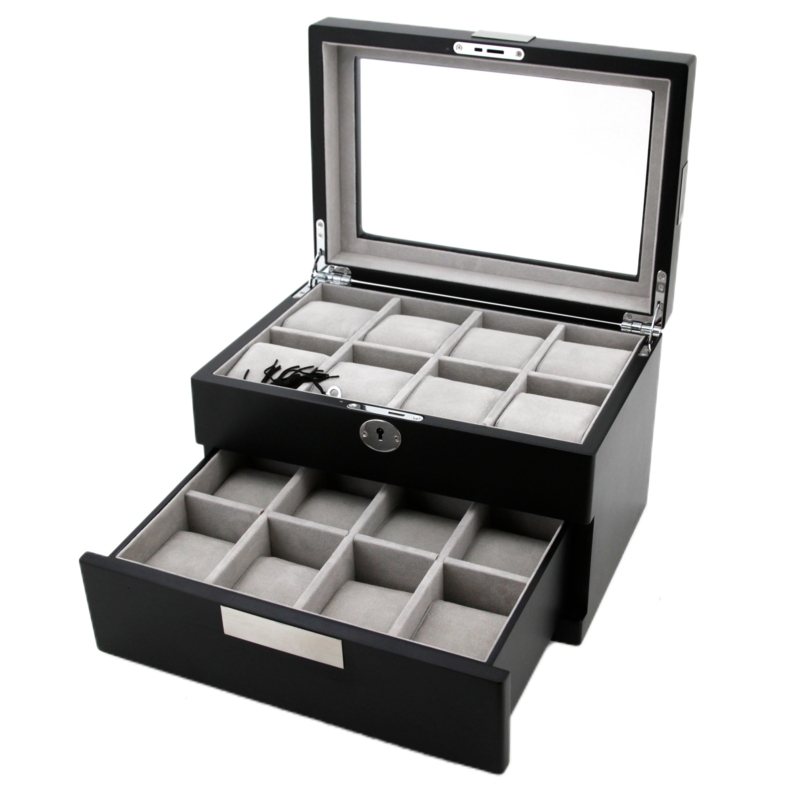 Watch Box 16-Slot Lockable Lid Two-Tier Glass Window