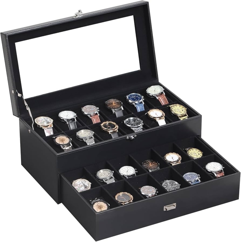 Watch Box 24 Slot Two Tier Black Leather Like Glass Top Drawer