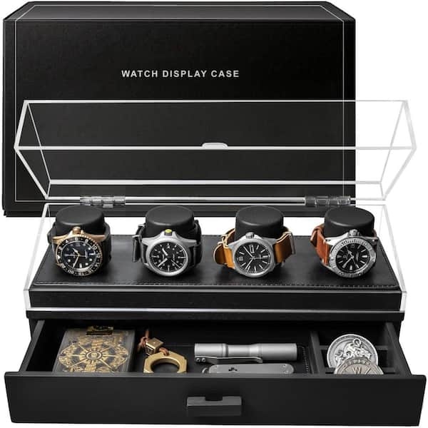 Watch Box 4-Slot Transparent Display Top and Accessory Drawer