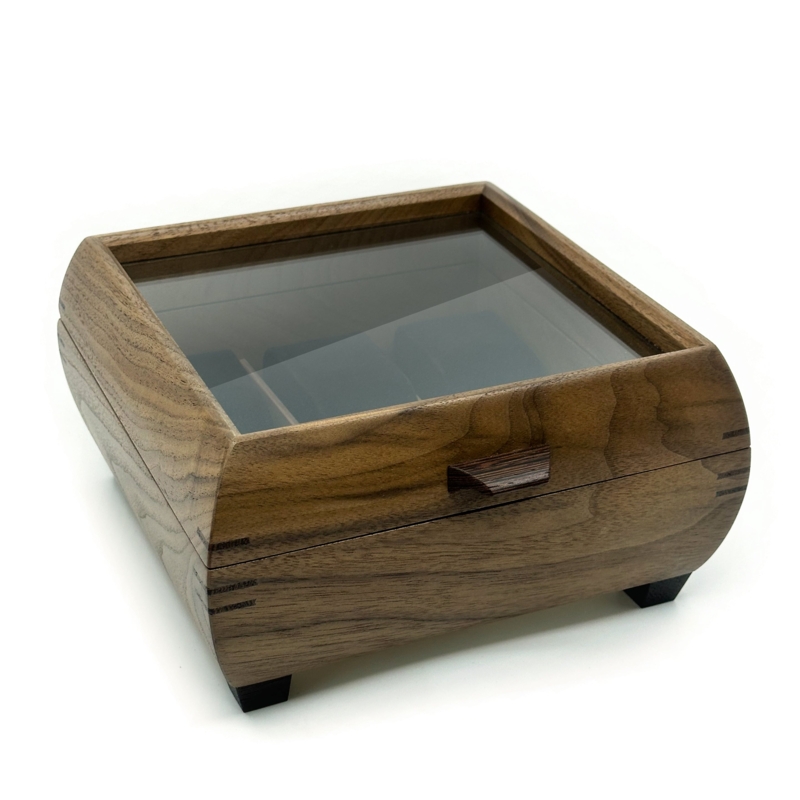Watch Box, Artisan Walnut Wood, Curved Sides, Spline Joints