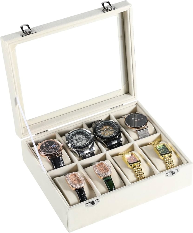 Watch Box Beige Velvet 8 Slot Glass Lid Elegant Organizer Case