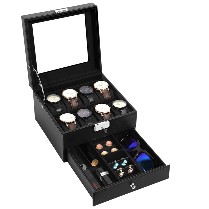 Watch Box Black Leather Like 8 Slot Glass Top Drawer Storage