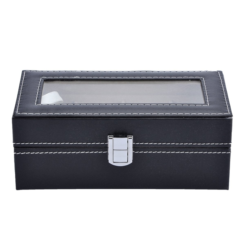 Watch Box Black Leather-Like Case with Contrast Stitching