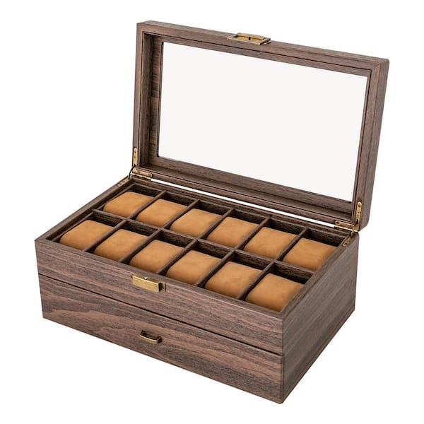Watch Box, Brown Wood-Toned, 24 Slots, Antique Brass Hardware