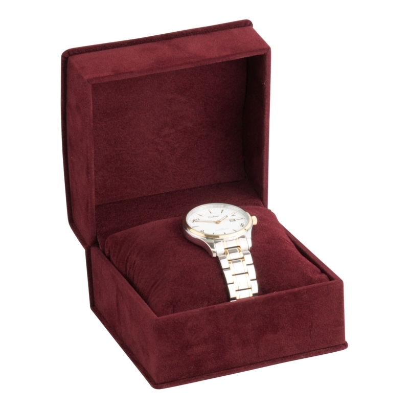 Watch Box: Burgundy Suede Texture, Watch Pillow, Hinged Lid, Sophisticated