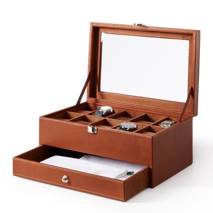 Watch Box: Camel Leather Finish, Glass Display Lid, Double Tier Storage