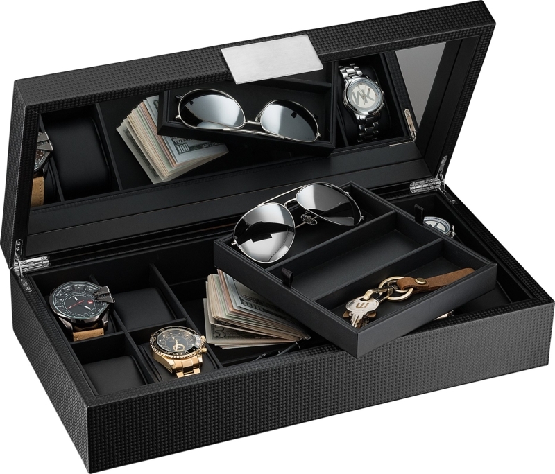 Watch Box Carbon Fiber Pattern Removable Valet Tray Mirror