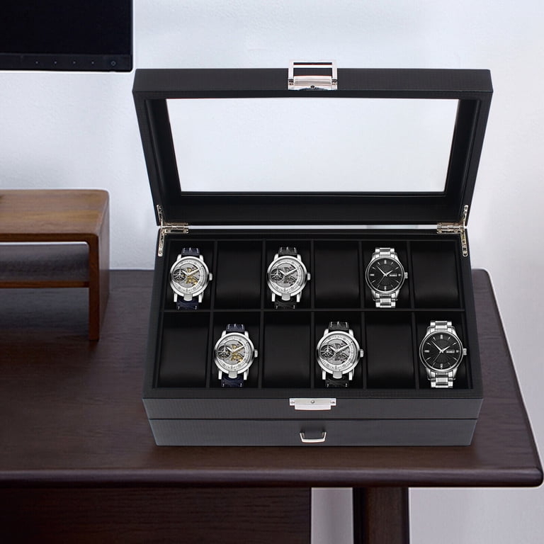 Watch Box Carbon Fiber Texture Black Two-Tier with Glass Viewing Window