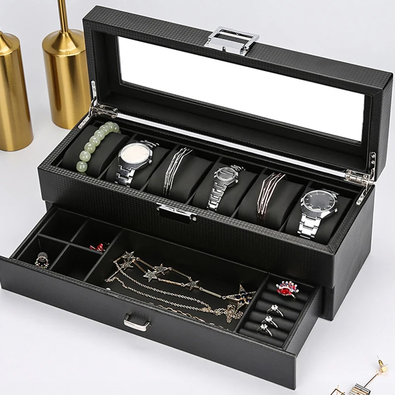 Watch Box Carbon Fiber Texture Clear Lid Two Tier Pull Out Drawer