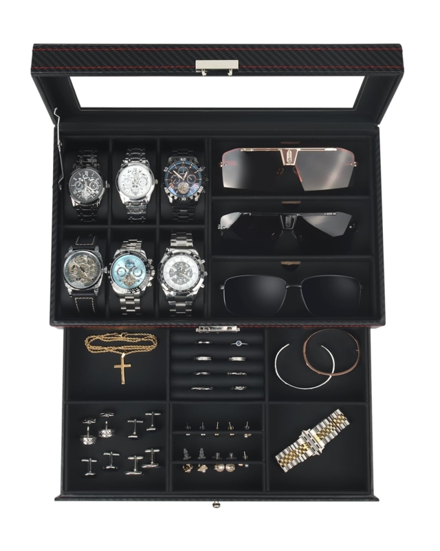 Watch Box, Carbon Fiber Texture & Red Stitching, Two-Tier Storage