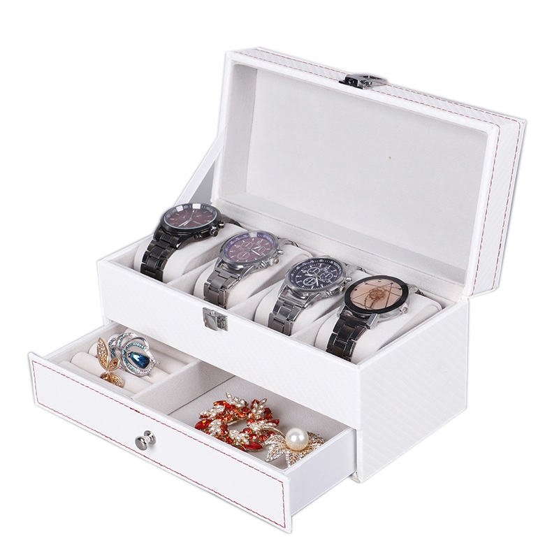 Watch Box Carbon Fiber Texture Two-Tier Jewelry Drawer