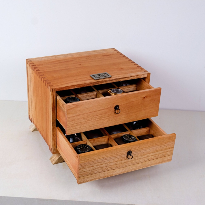 Watch Box, Cedar-Toned Wood, Mid-Century Style, Two Drawers