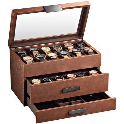 Watch Box Cognac Leather-Like 24-Slot Dual Drawers