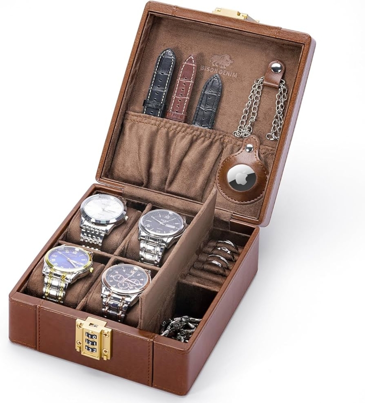 Watch Box Combination Lock Brown Pebbled Leather Travel Case Storage